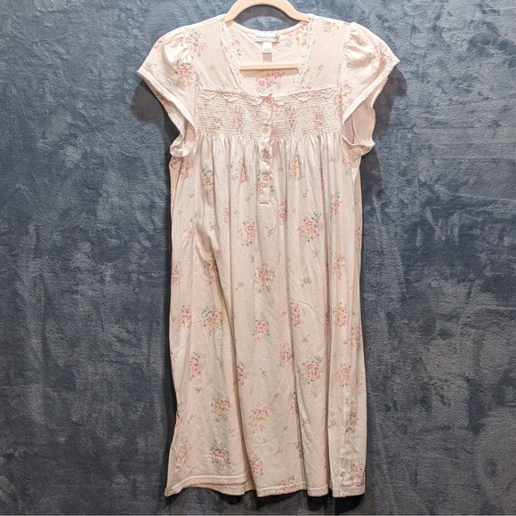 Miss Elaine Other - Miss Elaine Floral Nightgown Pink Smocked Lace Trim Flutter Sleeve Sleepwear S